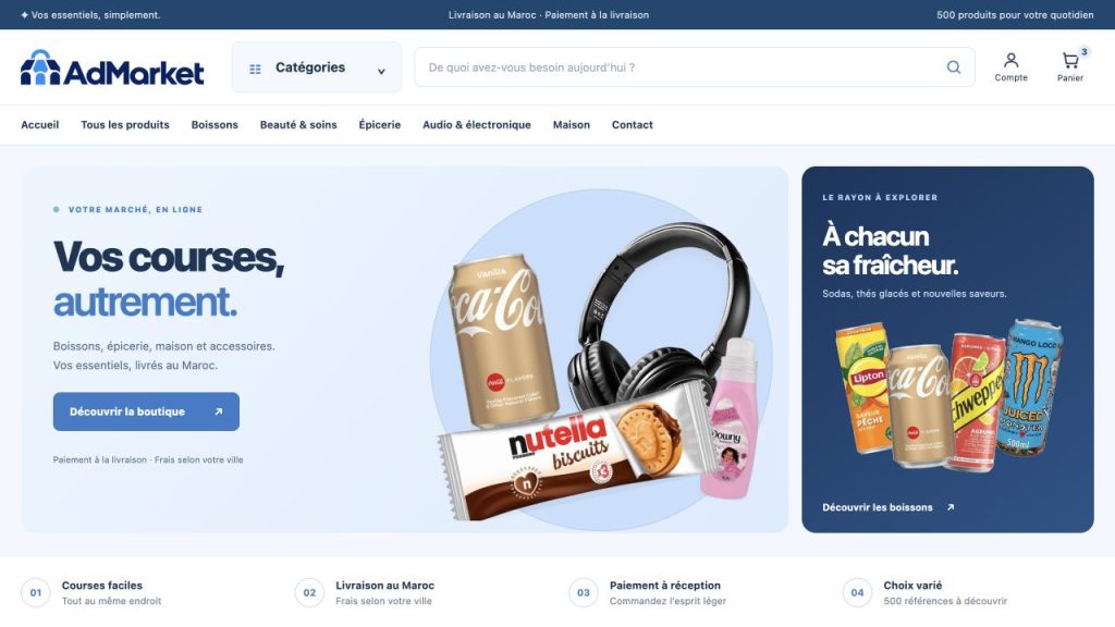 Aperçu réel du site AdMarket sur ordinateur, avec le logo bleu approuvé et les produits de la boutique