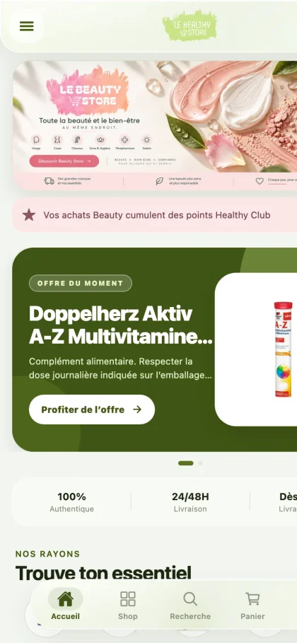 Aperçu du site Application Le Healthy Store sur mobile