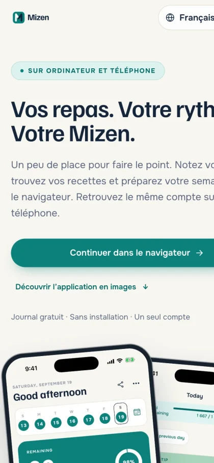 Aperçu du site Mizen sur mobile